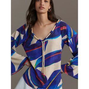 New! Farm Rio Athropologie Long-Sleeve Rope-Tie Linen Blouse Size S 26643
